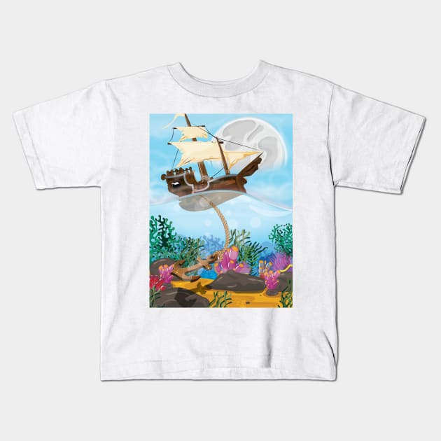 Sailing Ship on the Coral Sea Kids T-Shirt by nickemporium1